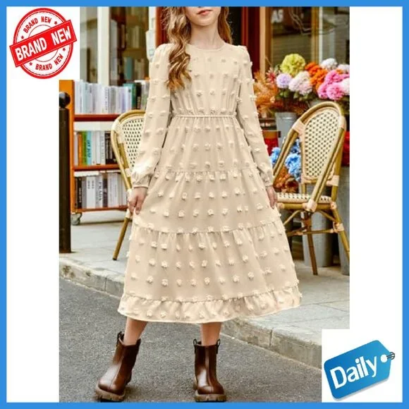 Girls Long Sleeve Maxi Dress with Pockets Polka Dot Tiered Hem 6-15Y